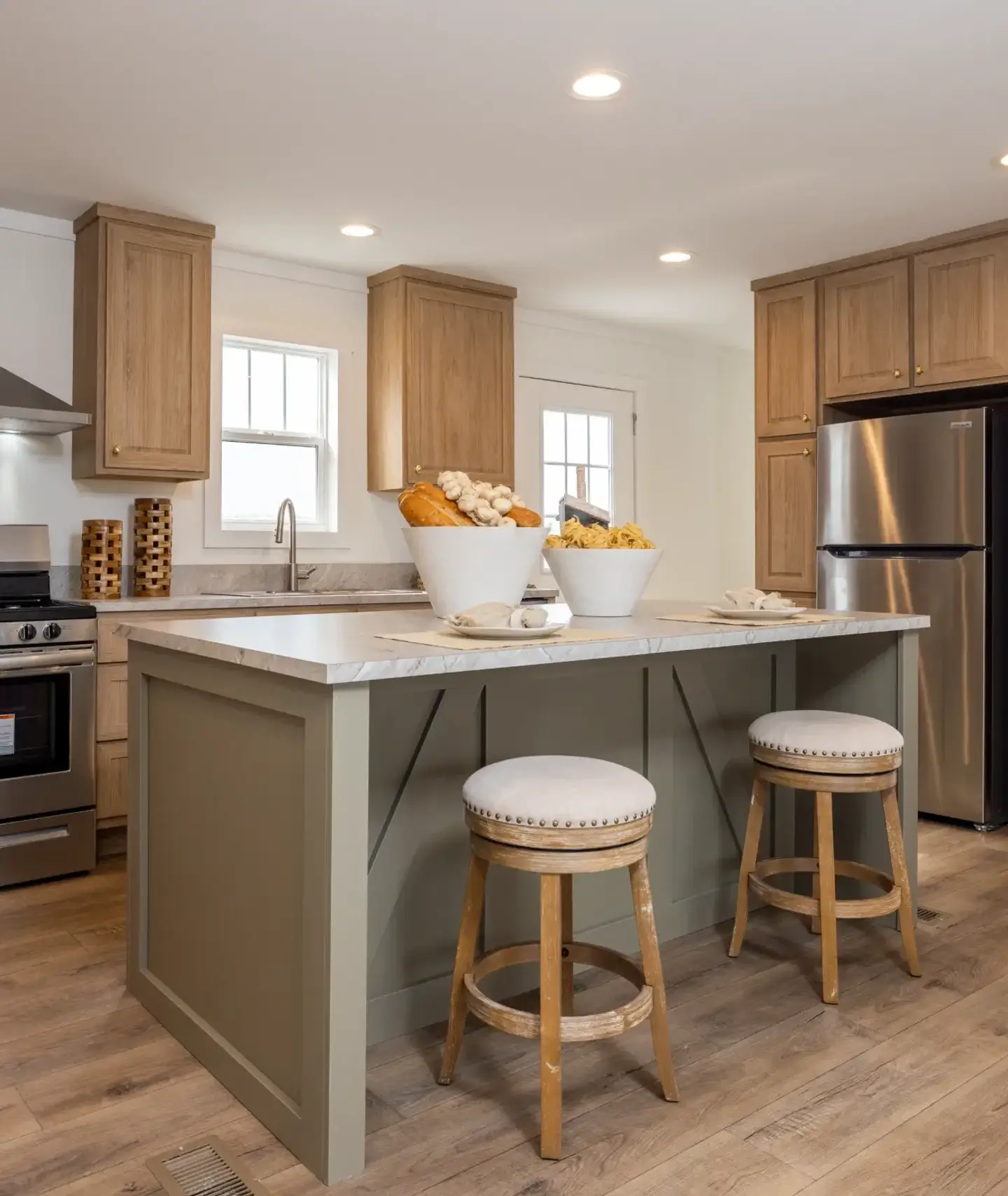 kitchen with island and stools